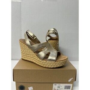UGG Careena Pale Gold Mtllc Ankle Strap Espadrille Platform Wedge Sandals 9.5M